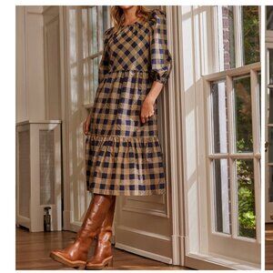 Summersalt Tiered Midi Dress Buffalo Check Midnight & Toffee Women's L Fits XL